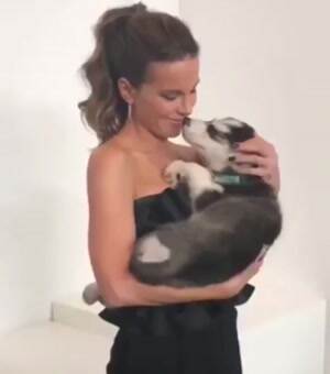 Kate Beckinsale holding a sleeping puppy