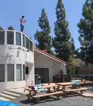 Double trampoline jump into the pool